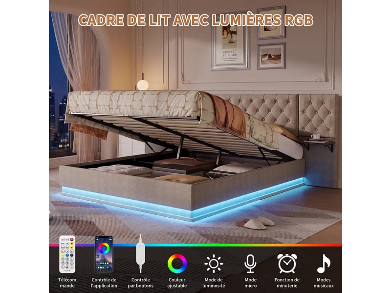  Lit 140x200cm - lit coffre 140x200 - lit double led avec tête de lit large et tables de chevet intégrées - en lin beige  - Conforama D