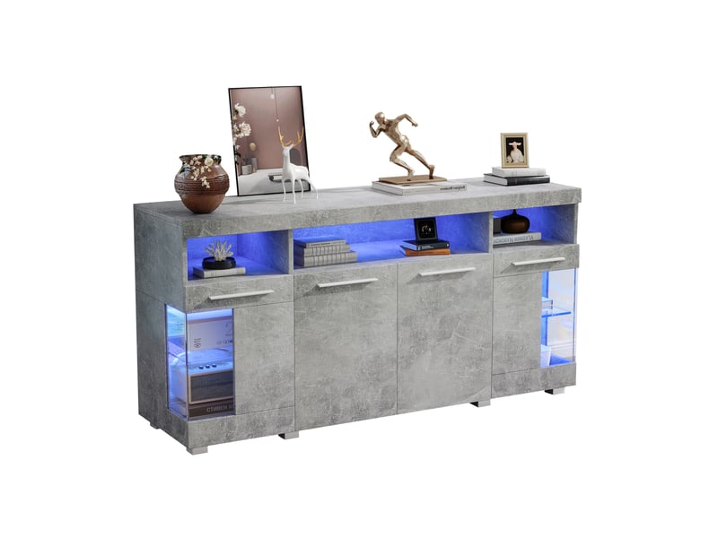  Buffet bas modenvie gris effet béton 140 x 40 x 70 cm avec led et 4 portes vitrées  - Conforama A
