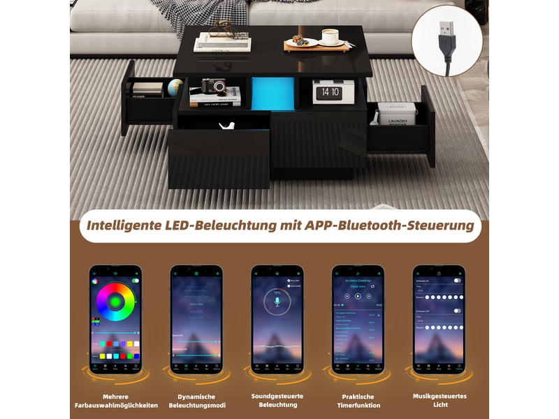 Table basse noire contemporaine avec led, forme géométrique et 4 tiroirs - design moderne - Conforama D