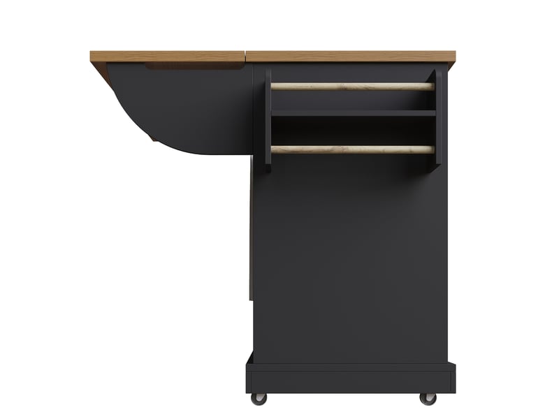 Îlot cuisine pliable, desserte mobile rabattable, 147x44-70x93 cm, charnières métal, mdf et métal, noir - Conforama E