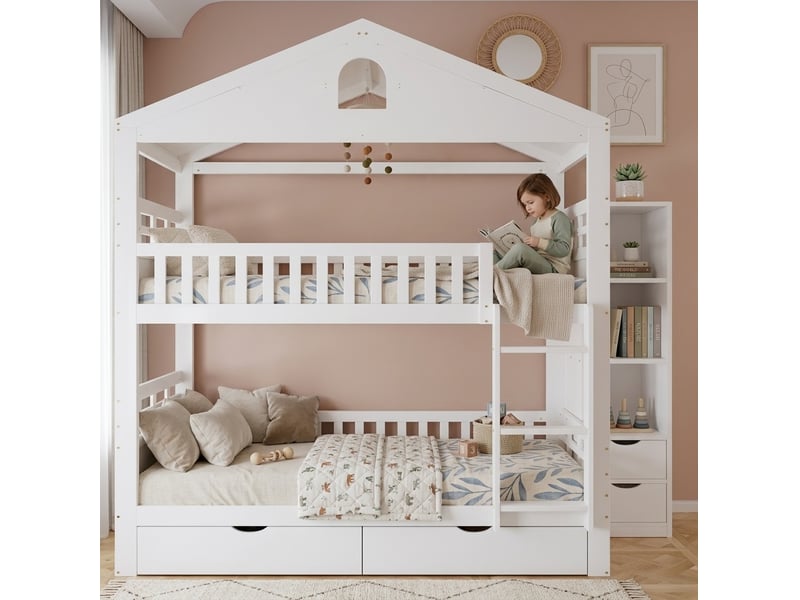 Lit superposé 90x200 cm lit enfant cabane avec rangements et échelle, blanc, sans matelas - Conforama B