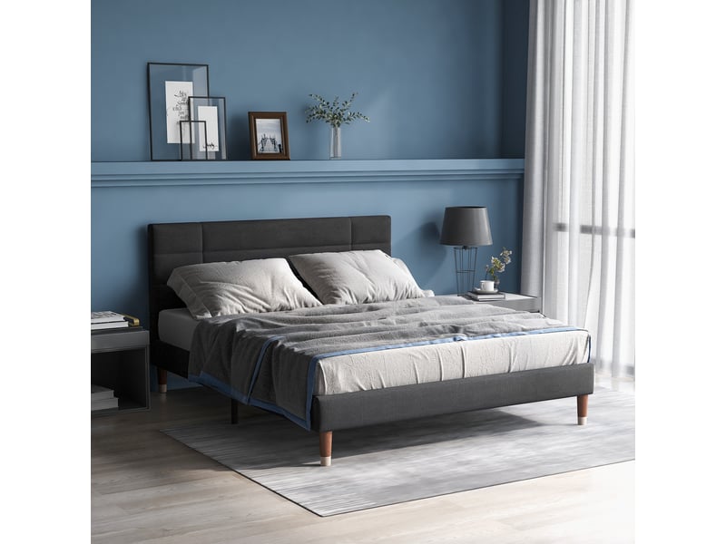  Lit adulte 140x200 cm, tête de lit, structure en bois, sommier, style moderne, lin gris, sans matelas  - Conforama W