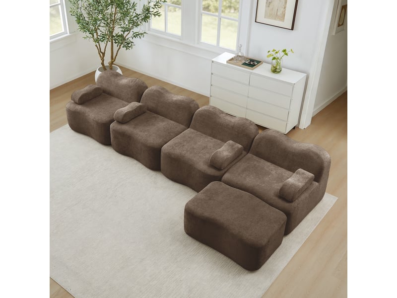 Canapé d'angle, canapé modulable, mousse haute densité, sans cadre, avec accoudoirs, avec pouf, en tissu, marron, 4 places - Conforama A
