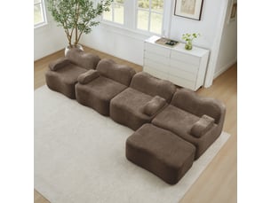 Canapé d'angle, canapé modulable, mousse haute densité, sans cadre, avec accoudoirs, avec pouf, en tissu, marron, 4 places