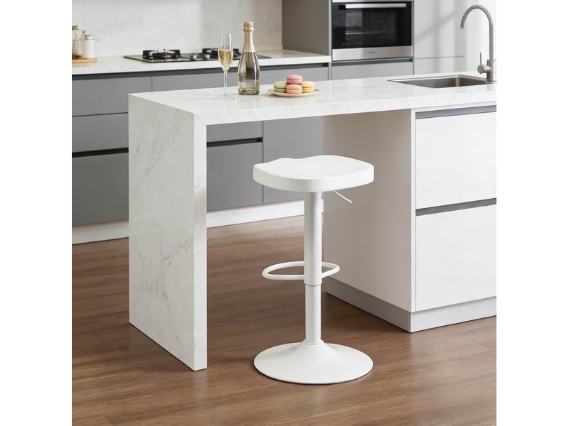  Tabouret de bar sans dossier pivotant réglable en hauteur avec repose-pieds, assise en bois et métal blanc  - Conforama D