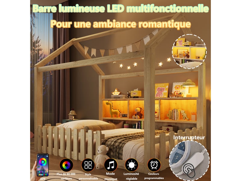  Lit cabane enfant 90x190 cm bois massif,  sommier à lattes, style maison, couchage maisonnette barrière de sécurité, led  - Conforama B