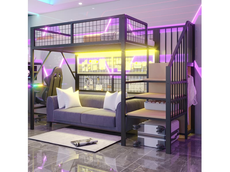  Lit mezzanine enfant 90 x 200 cm noir avec escalier de rangement et led contrôlées par application  - Conforama C