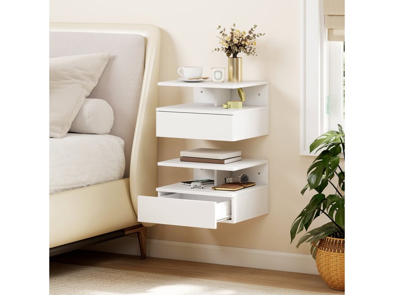  Ensemble de 2 tables de chevet suspendues avec tiroir, fixation murale, 35 x 32 x 22,5 cm, blanches  - Conforama D