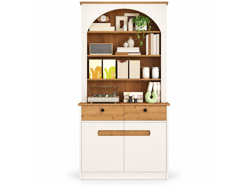 Armoire de cuisine haute 80x40x180cm, 2 portes vitrées, 2 tiroirs, niche ouverte et étagères réglables, façade cintrée, blanc et bois naturel - Conforama A