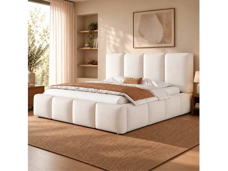  Lit coffre tcqpz 180 x 200 cm avec sommier à lattes hydraulique bouclé blanc  - Conforama E