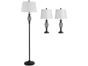 Lot de 3 lampes vintage en métal noir et coton blanc, 2 lampes de table ø38 cm et 1 lampadaire ø62 cm, salon