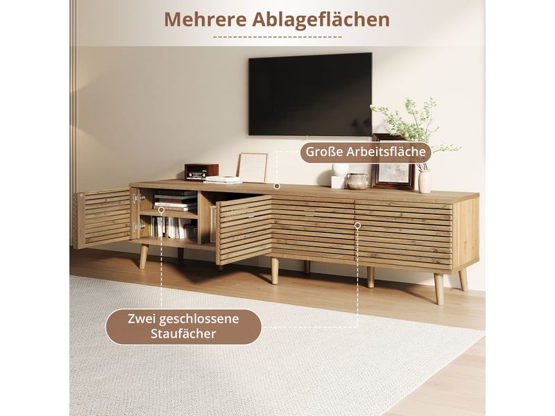  Meuble tv 180 cm avec rangement, 4 portes ajourées effet claustra, design bois naturel pour salon, style scandinave  - Conforama E