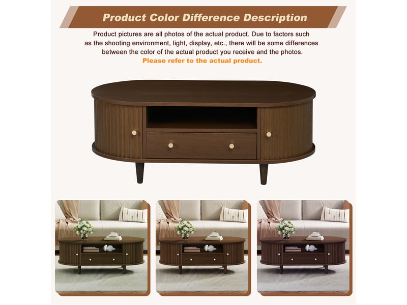  Table basse ovale avec 1 tiroir, niches ouvertes et 2 portes à rideau pour salon 100×50×36 cm mdf noyer  - Conforama C