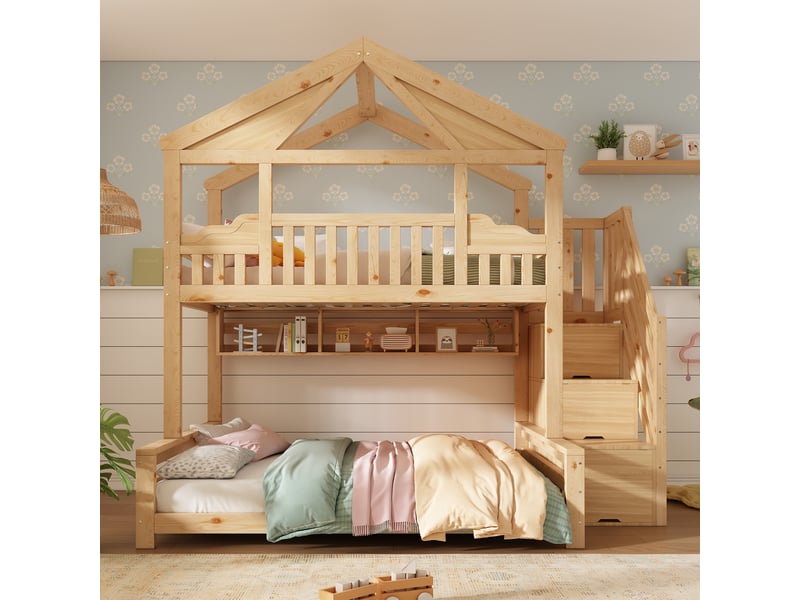  Lit superposé cabane 90x200140x200cm avec toit diamant, escalier de rangement, étagères et sommiers, certifié en 747, sans matelas, bois naturel evarich - Conforama E