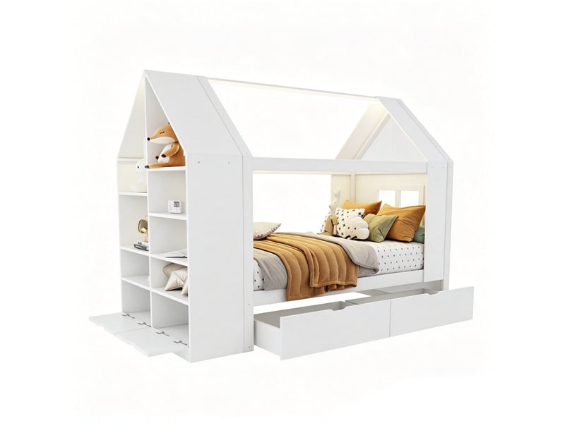  Lit enfant cabane 90x200 cm avec led et rangements bois et mdf blanc sans matelas  - Conforama A
