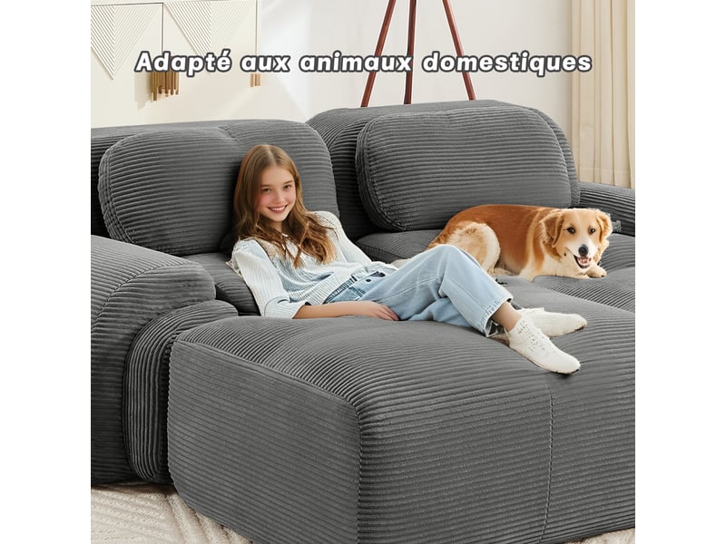 Canapé 3 places modulable en tissu velours côtelé,canapé-lit avec 3 repose-pieds amovibles,32d élastique,base anti-dérapant,gris 298x178x75cm - Conforama D