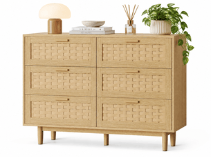 Commode en bois et rotin avec 6 tiroirs, meuble de rangement cannage scandinave, 115x40x80 cm