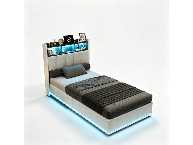  Lit coffre 90x200 cm -lit capitonné simple  - lit rembourré avec rangement hydraulique - usb et led  - Conforama A