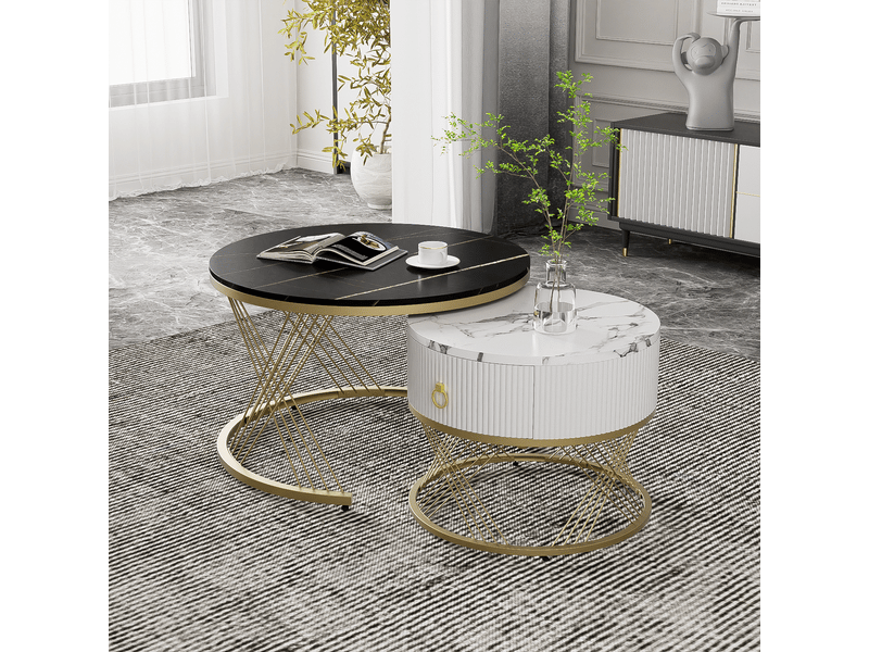 Tables basses gigognes avec 1 tiroir et pieds réglables, effet marbre et détails dorés, en mdf, noir - uvrion - Conforama D