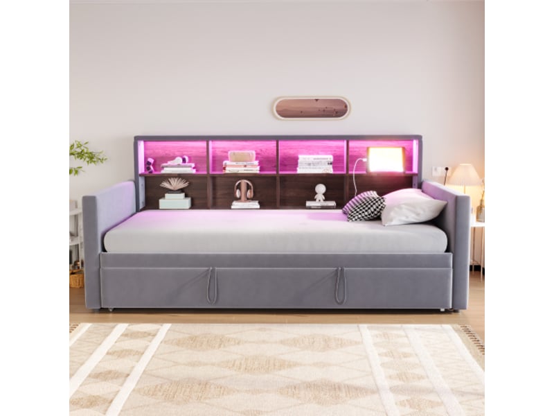  Canapé-lit 90x190 velours gris foncé, tête de lit avec rangements, barre led et usb, couchage tirable  - Conforama B