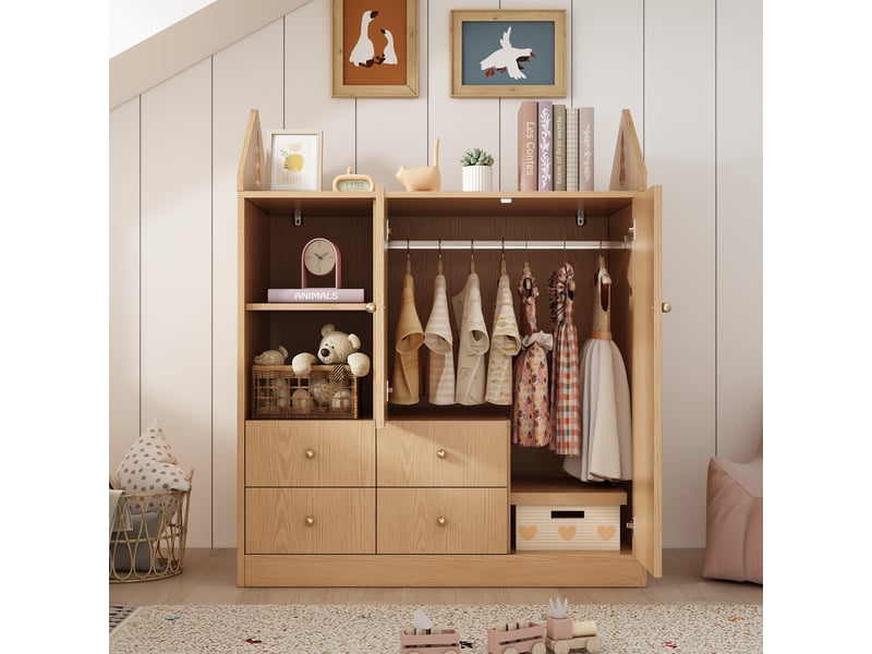 Armoire enfant 100x48x131 cm design maison avec 2 portes et 4 tiroirs, garde-robe avec niche ouverte, tablette supérieure et tringle, effet chêne Seren Glow - Conforama B