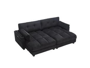 Canapé 2 places en velours côtelé noir, séparable en 2 fauteuils, 2 coussins, 4 porte-gobelets, 4 poches, usb