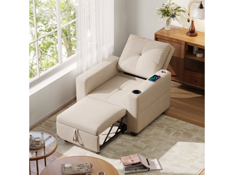  Canapé convertible avec coussins de dossier réglables, porte-gobelets et table pliante ,beige  - Conforama D
