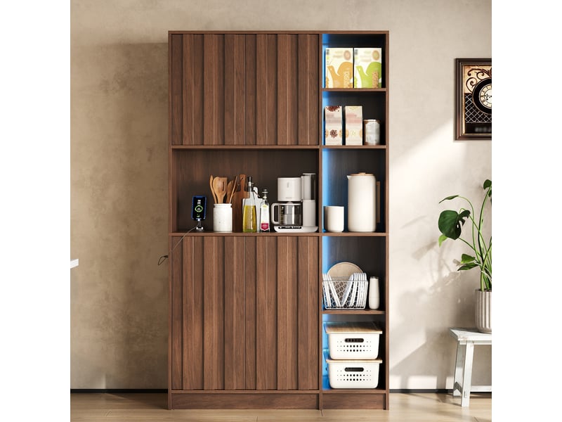 Buffet de cuisine haut avec 2 portes et étagères ouvertes, led rvb et prises pour cuisine et salle à manger en mdf noyer - Conforama C