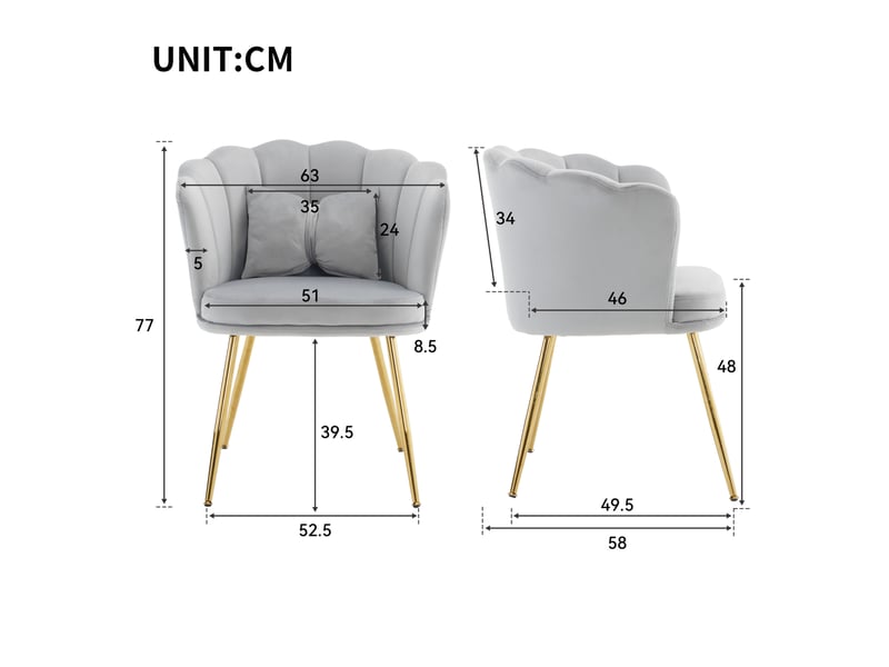  Chaise de salle à manger tcqpz lot de 6 en velours gris dossier pétale pieds en métal doré 63 x 58 x 77 cm  - Conforama C