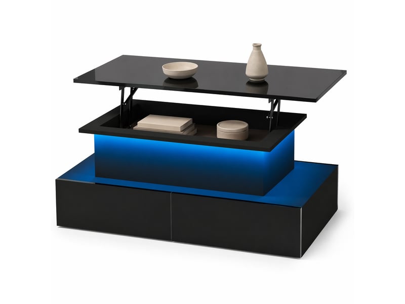  Table basse led noire brillante – 4 tiroirs et plateau relevable – 90 x 55 x 41 cm  - Conforama A