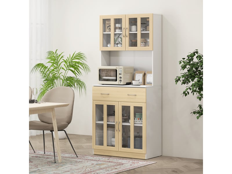  Buffet haut de cuisine armoire de cuisine multi-rangement 4 portes vitrine verre avec tiroir étagère coulissant grand plateau en bois blanc aspect chêne clair  - Conforama D
