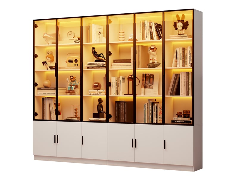  Vitrine haute blanche 240 cm en mdf et verre, 12 portes, led pilotée par application, rangement organisé  - Conforama A