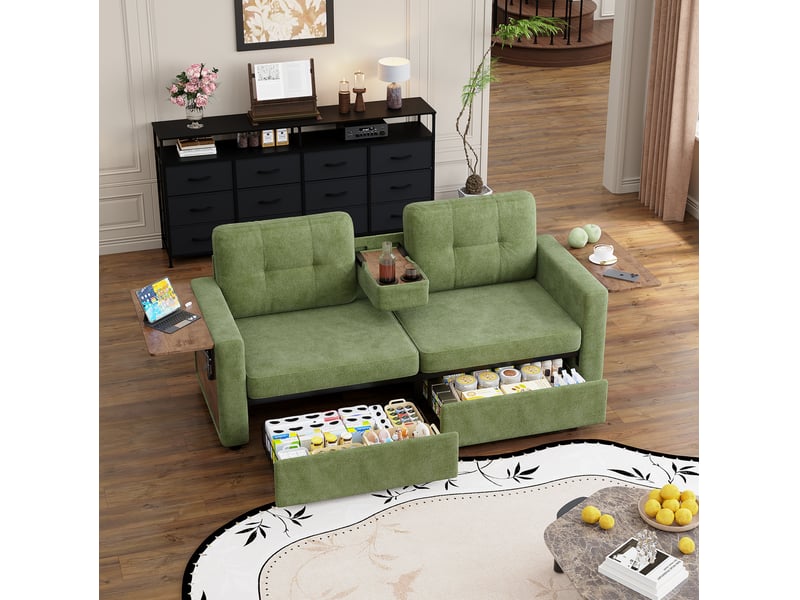  Canapé 2 places avec 2 tiroirs et tablettes réglables en chenille verte  - Conforama B