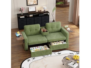 Canapé 2 places avec 2 tiroirs et tablettes réglables en chenille verte
