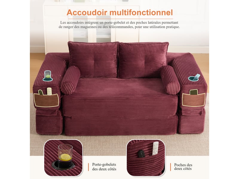  Canapé droit convertible 2 places en velours côtelé rouge 180x98x80 cm, avec poches, porte-gobelet, salon séjour 180x98x80cm - Conforama D