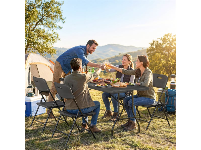  Ensemble table et chaises de camping 5 pièces avec table pliante et 4 chaises, en pehd et métal noir  - Conforama C
