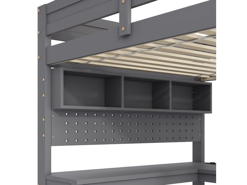  Lit mezzanine gris 90x200 cm en bois avec bureau, rangements, éclairage led, station de charge usb et prises intégrées  - Conforama D