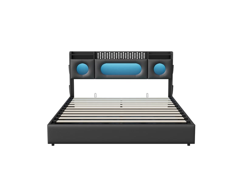  Lit coffre hydraulique 140 x 200 cm-noir - lit double rembourré en pu avec tête de lit de rangement, led rvb et ports usb  - Conforama A