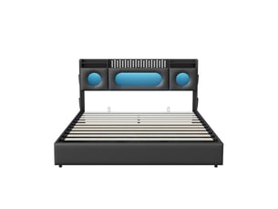 Lit coffre hydraulique 140 x 200 cm-noir - lit double rembourré en pu avec tête de lit de rangement, led rvb et ports usb