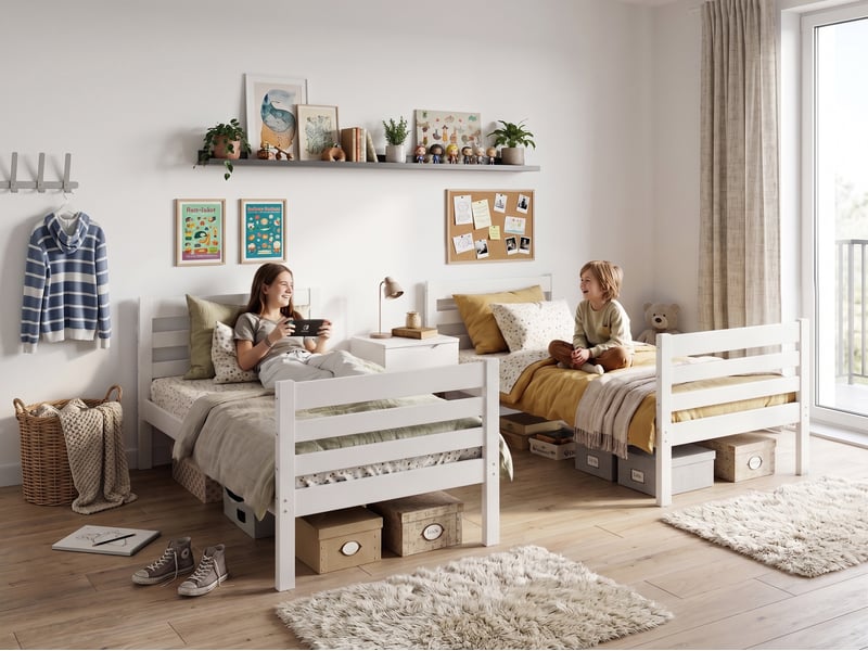  Lit superposé séparable 90x190 cm eric interbeds - bois massif de pin avec barrière, sommier et tiroir - blanc  - Conforama B
