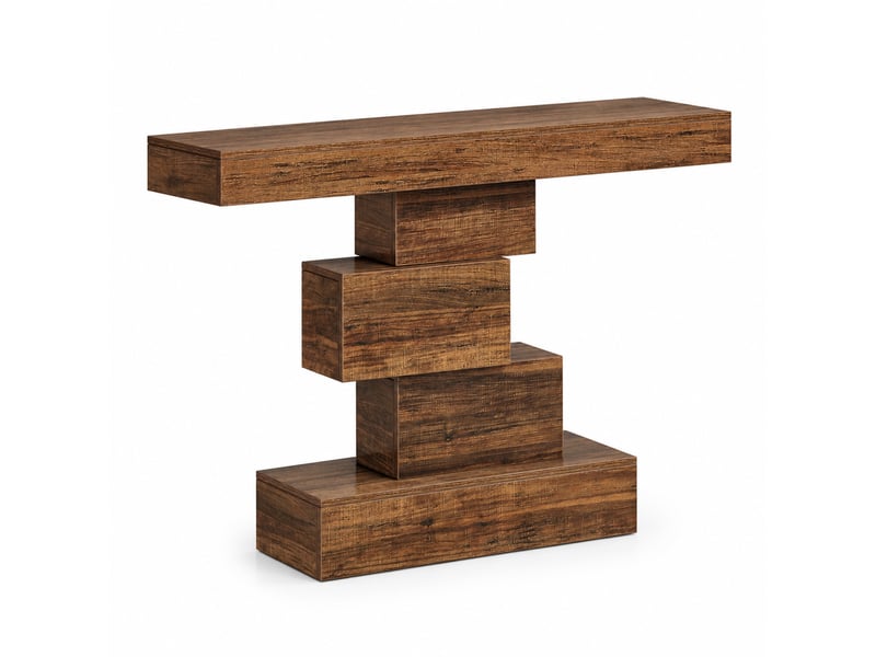Console à niveaux avec base géométrique pour rangement et décoration, style rustique, pour entrée et salon, bois brun foncé - Conforama A