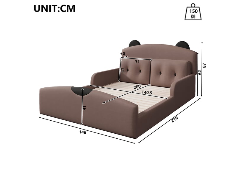  Lit plateforme 140 × 200 cm avec tête de lit ours rembourrée, 2 coussins, en lin marron pour chambre 210 × 146 × 87 cm  - Conforama C