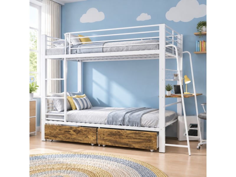  Lit superposé 90x200 cm, bureau, led, 2 tiroirs, 250 kg par niveau, mdf et métal, blanc et bois foncé, sans matelas  - Conforama B