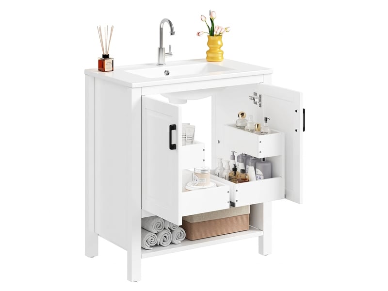 Meuble salle de bain sur pied 76x47x83 cm avec vasque en céramique intégrée et portes doubles blanc - Conforama A