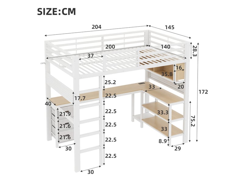  Lit mezzanine en métal, 140 x 200 cm, avec tiroirs, bureau, étagères, panneau perforé, éclairage led et ports usb, blanc  - Conforama C