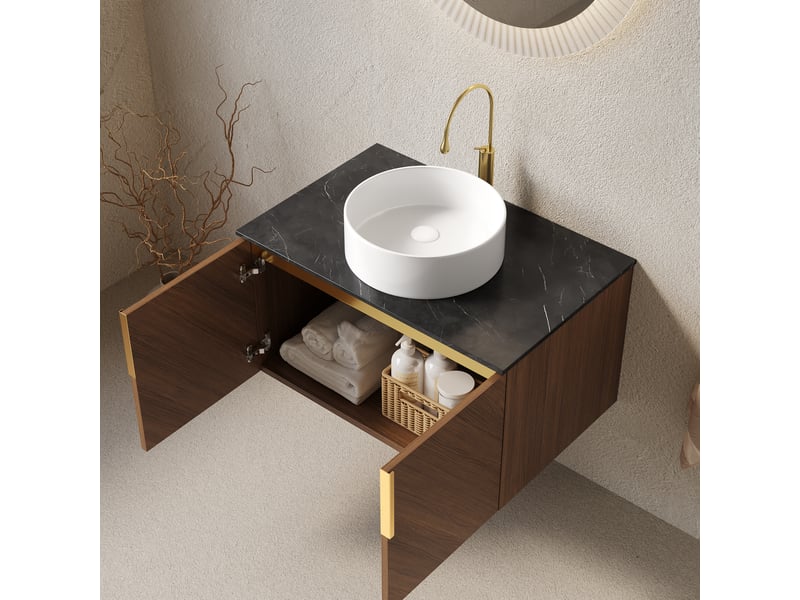 Meuble rangement salle de bain 76 cm 2 portes vasque ceramique pierre frittee homvra - Conforama C