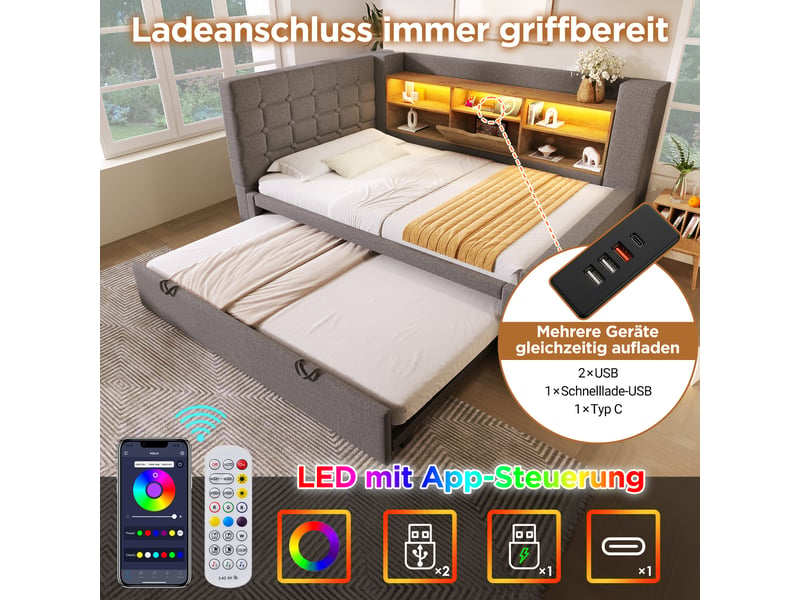  Lit gigogne 90x200 cm avec rangement et led intégré - tête de lit en l, ports usb, lin gris  - Conforama D
