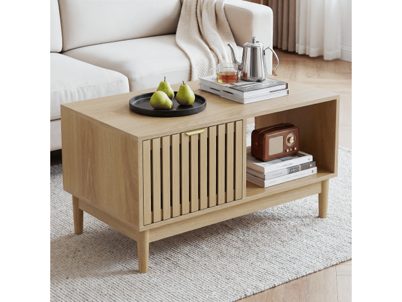  Table basse 80 cm mi-siècle moderne - cadre treillis, tiroir, étagères ouvertes, pieds en chêne massif  - Conforama E