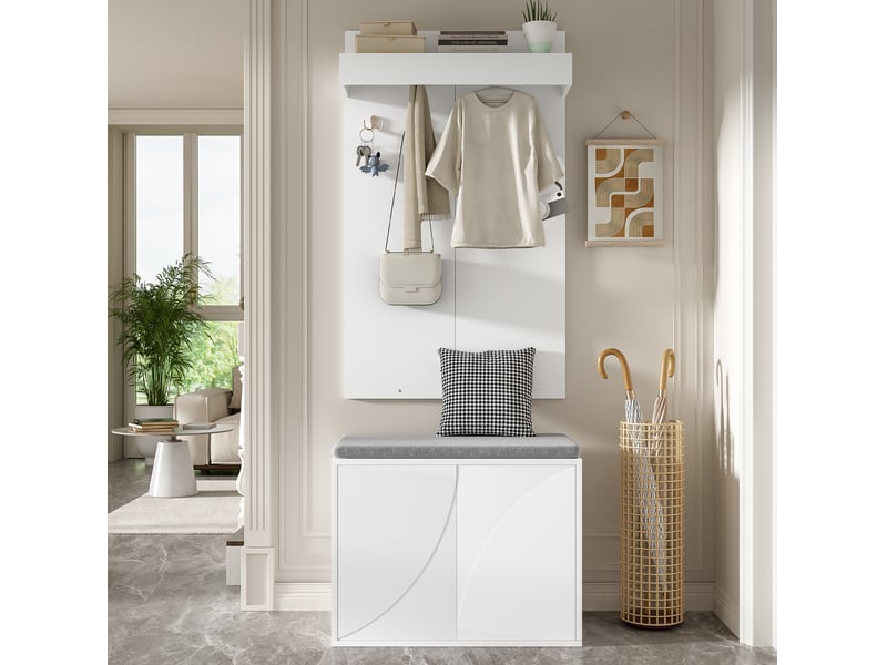 Meubles d'entrée 3 en 1 avec 4 crochets, banc et meuble à chaussures 2 portes blanc pour couloir 60 × 35 × 145 cm - Conforama E
