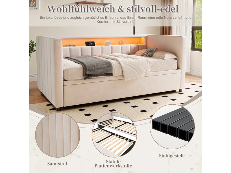  Lit gigogne enfant 90x190 cm canapé-lit avec led et rangement, velours, beige, sans matelas  - Conforama E